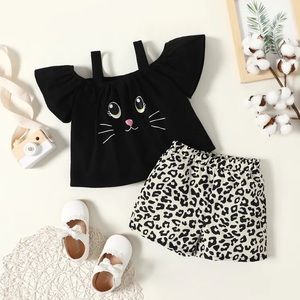 2-piece  Cat Print Off Shoulder Strap Black Tee and Leopard Print Shorts Set